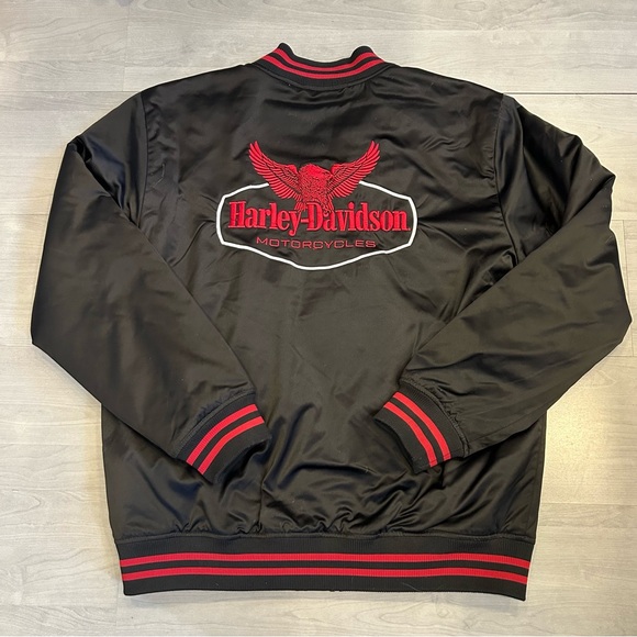 Harley-Davidson Flying Eagle Black/Red Bomber Jacket Mens L Full Zip Racing - Picture 10 of 11